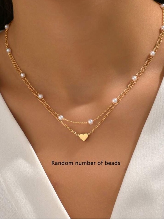 Jewelry - Jewelry stacked necklace viral layer beads, heart, pearl-like yellow gold color